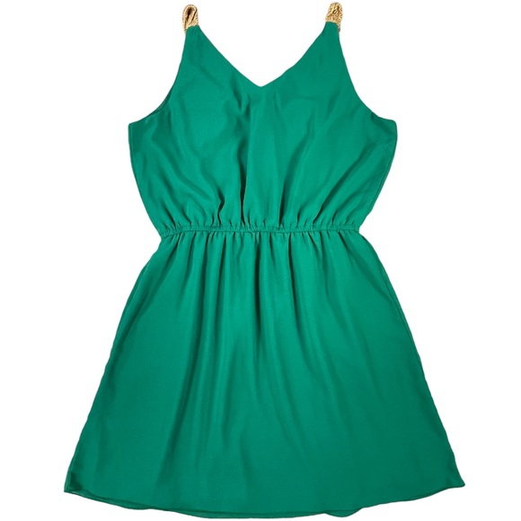 3/$44 Pinky size large green mini dress ruffles on front vneck gold straps silky - Picture 7 of 12